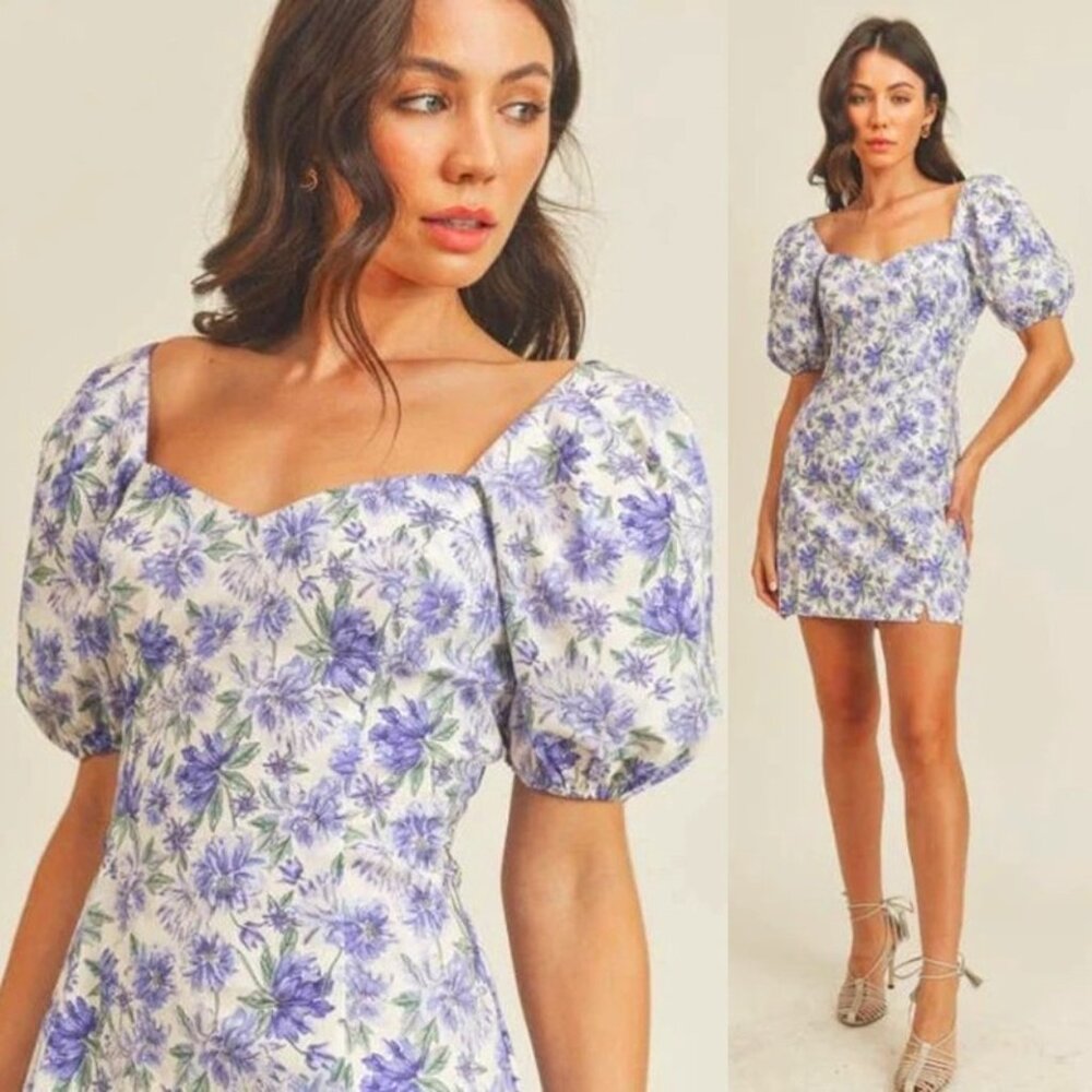 LUSH Puff Sleeve Sweetheart Mini Dress in Purple Floral